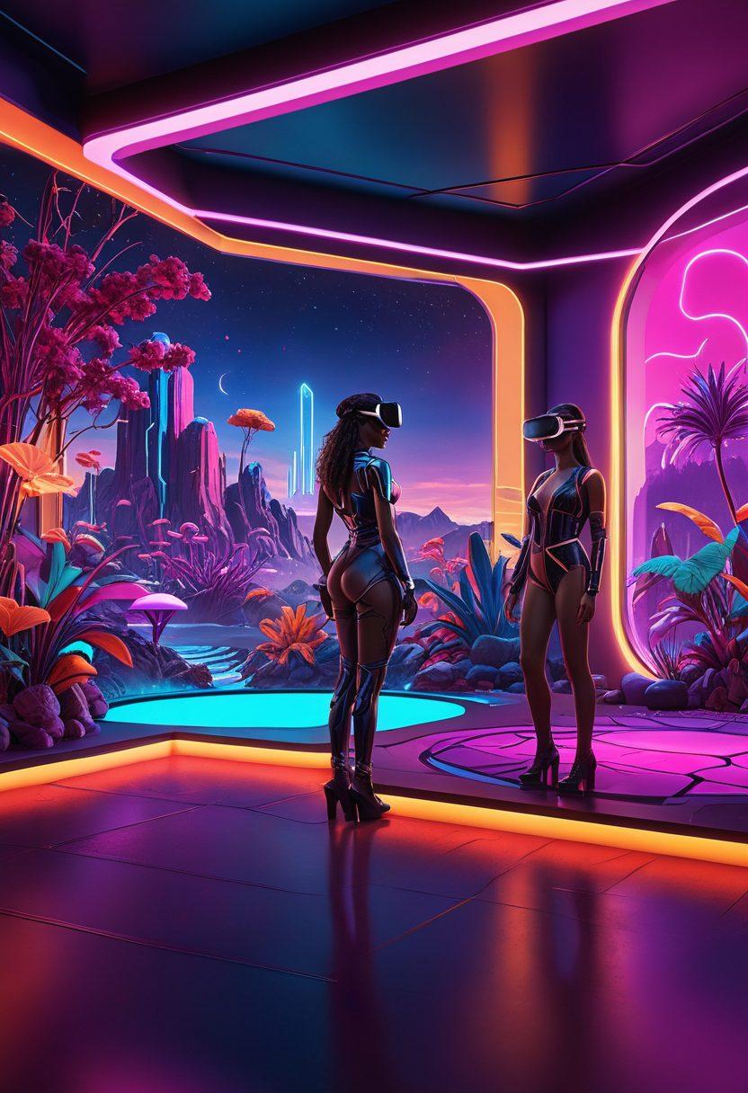 A captivating 3D scene showcasing a vibrant, interactive adult-themed virtual reality environment, featuring bold colors and enticing textures. Include characters engaging in playful, consensual activities amid a futuristic backdrop filled with glowing neon lights and abstract shapes. The atmosphere should evoke a sense of excitement and exploration. super-realistic. vibrant colors. 3D.