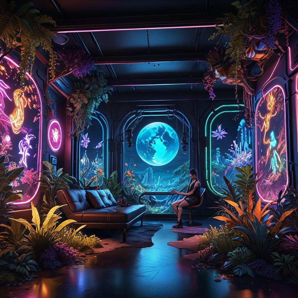A mesmerizing 3D landscape featuring futuristic adult gaming environments with lush, detailed settings. Include characters with vibrant colors and dynamic poses, showcasing the interactive aspect. Integrate elements of fantasy and eroticism, such as glowing neon lights and whimsical creatures. Use a mix of realism and stylized graphics to enhance visual intrigue. 3D. vibrant colors. fantasy art.