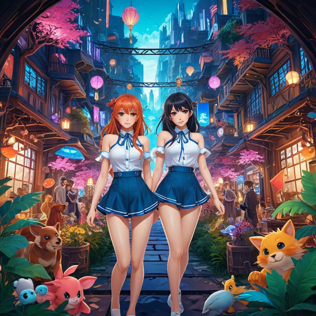 A dynamic collage showcasing the evolution of adult visual novels and fantasy games in hentai. Include stylized characters from various genres, vibrant fantasy landscapes, and elements representing both anime and immersive storytelling. Create a sense of depth with layered visuals and a hint of digital interface, reflecting the blend of technology and creativity in gaming. super-realistic. vibrant colors. 3D.